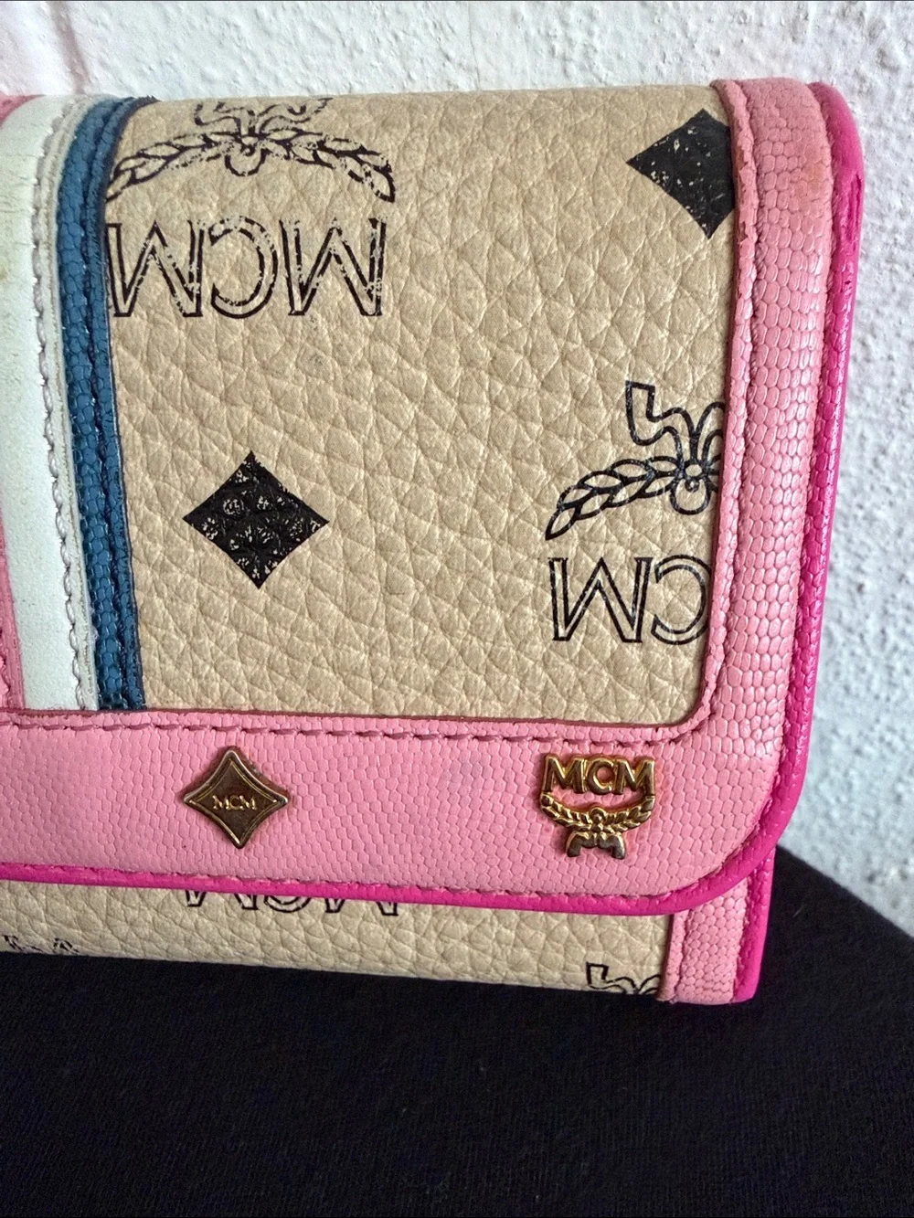 MCM Beige Logo Continental Wallet with Pink Trim and Blue-White Stripe